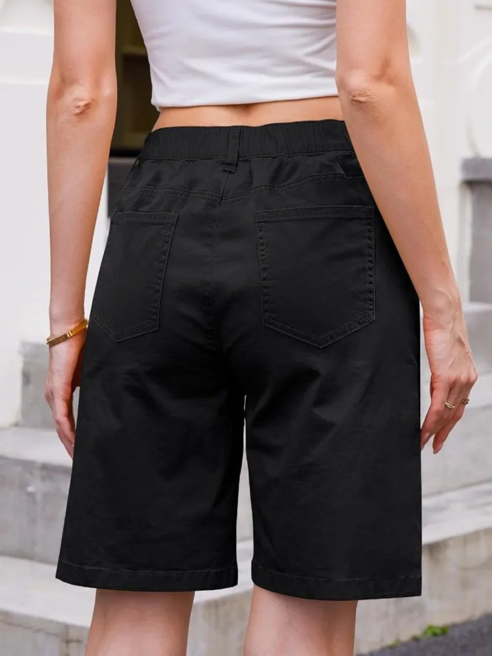 Women’s Long Knee-Length Denim Bermuda Shorts, Stretchy Cotton Jorts with